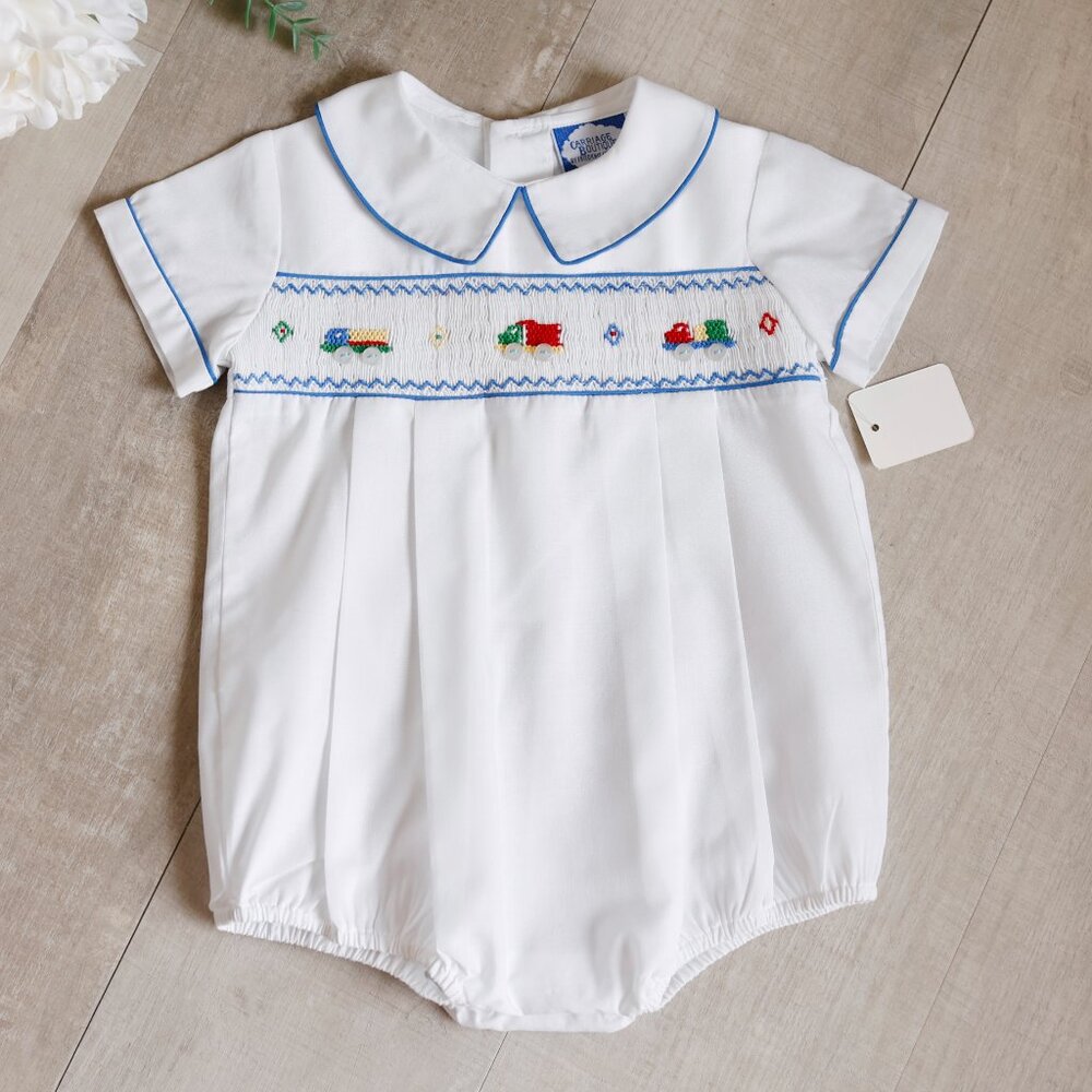 White Smocked Heirloom Romper Creeper Construction Trucks Boutique 3/6 Month NEW